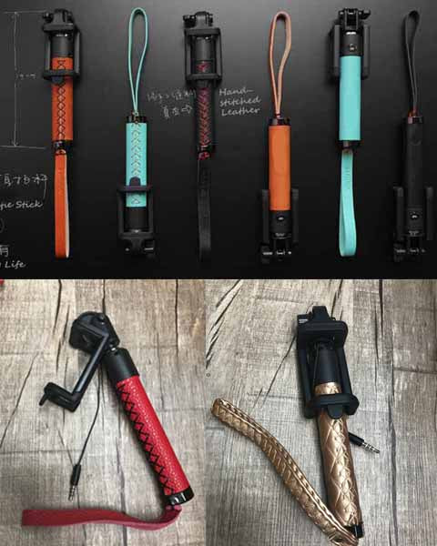 Mini Selfie Stick With Button Wired Leather Handle Monopod